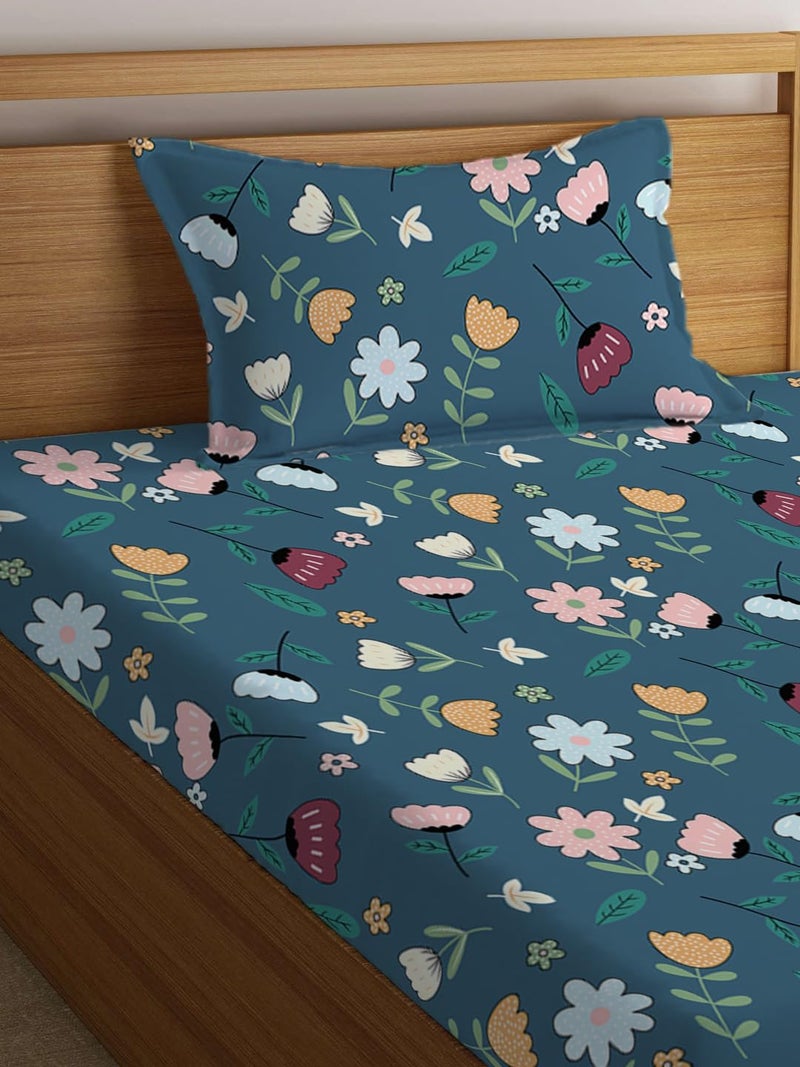 LOOMLYFE 300 TC Cotton Feel Glace Elastic Fitted Printed Single Bed Bedsheet with 1 Pillow Cover Fits Upto 6 Inches Mattress,Size- 42X75X8 Inches, Bluemultiflower - Image 2