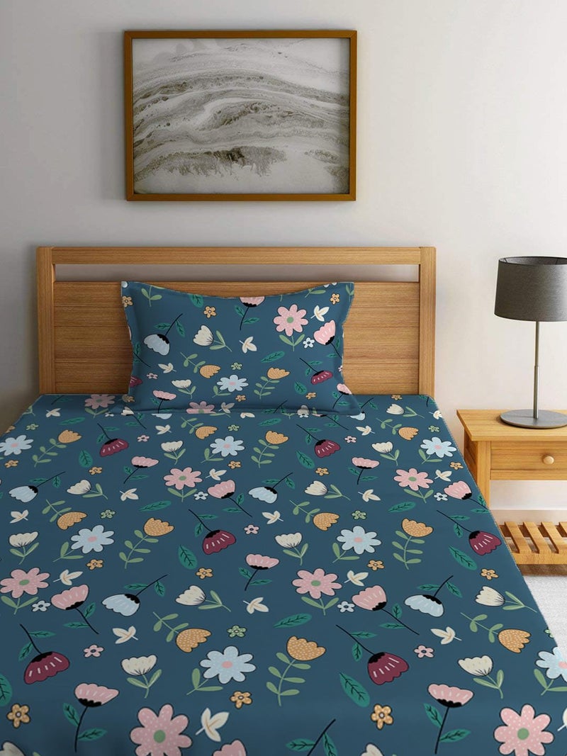 LOOMLYFE 300 TC Cotton Feel Glace Elastic Fitted Printed Single Bed Bedsheet with 1 Pillow Cover Fits Upto 6 Inches Mattress,Size- 42X75X8 Inches, Bluemultiflower - Image 3