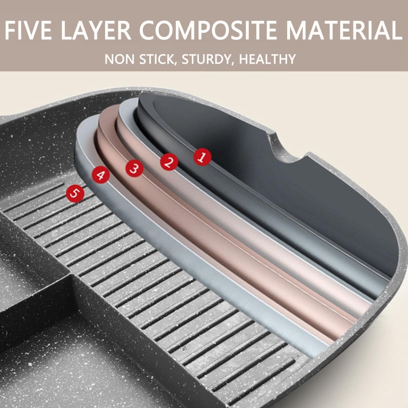 JUSTUP مقلاة جريل غير لاصقة JUSTUP، مقلاة بيض 3 في 1 بحجم 11 بوصة، مقلاة غير لاصقة بمقبض مقاوم للحرارة، مقلاة بان كيك مقسمة، مقلاة للطهي للإفطار، البيض، اللحم المقدد والبرغر - Image 4