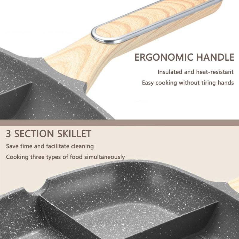 JUSTUP مقلاة جريل غير لاصقة JUSTUP، مقلاة بيض 3 في 1 بحجم 11 بوصة، مقلاة غير لاصقة بمقبض مقاوم للحرارة، مقلاة بان كيك مقسمة، مقلاة للطهي للإفطار، البيض، اللحم المقدد والبرغر - Image 5