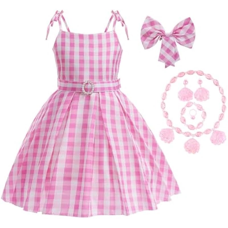MIXDE Girls Princess Dress,Plaid Waist Dress,Kids Cosplay Costumes,Including Bow, Necklace,Bracelet,Ring and Earrings,for Kids Party Birthday Dress Up - Image 1