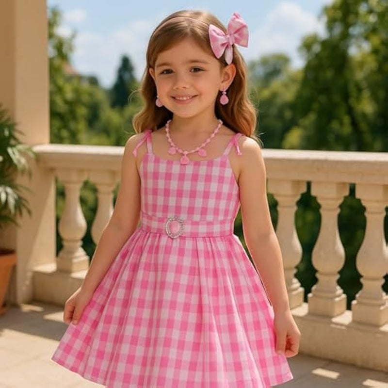 MIXDE Girls Princess Dress,Plaid Waist Dress,Kids Cosplay Costumes,Including Bow, Necklace,Bracelet,Ring and Earrings,for Kids Party Birthday Dress Up - Image 2