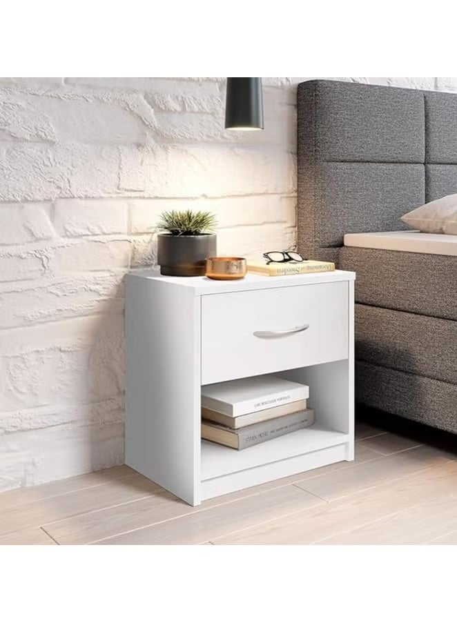 مودرن هوم طاولة جانبية خشبية بسيطة - طاولة بجانب السرير بيضاء مع درج، تصميم أنيق لأي غرفة نوم. - Image 1