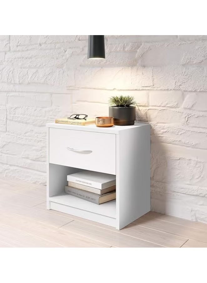 مودرن هوم طاولة جانبية خشبية بسيطة - طاولة بجانب السرير بيضاء مع درج، تصميم أنيق لأي غرفة نوم. - Image 2