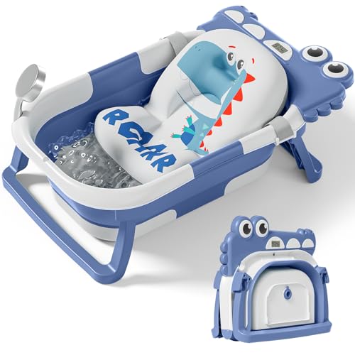 TPN Collapsible Baby Bathtub, Baby Bath Tub with Soft Cushion & Real-Time Thermometer, Baby Bathtub Infant to Toddler Tub (0-36 Months), Portable Travel Baby Tubs for Newborns (Blue) - Image 1