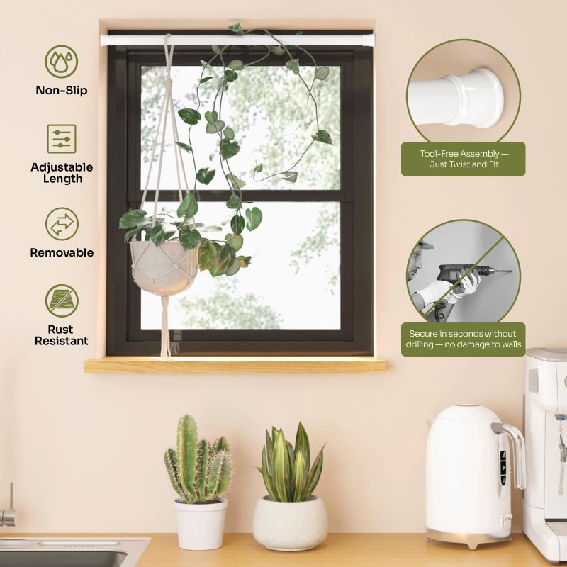 Bamworld Window Plant Hanger Indoor Adjustable Hanging Planters for Indoor Plants Spring Tension Rods 27''-51'' No Drilling Expandable Hanging Plant Holder for Hanging Basket for Balcony Decor (White) - Image 4