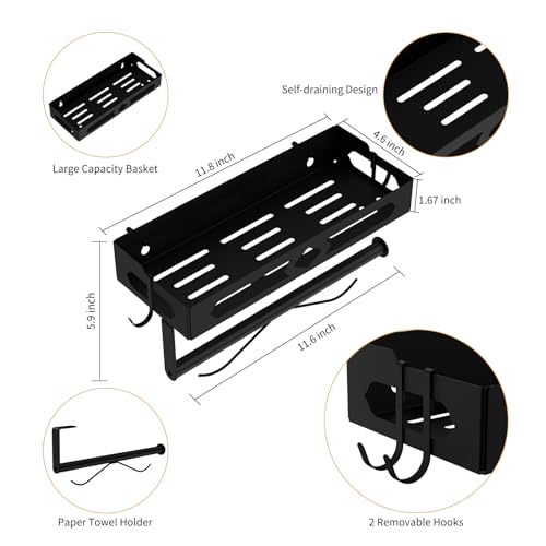 GAGUIUP Paper Towel Holder Wall Mount for Kitchen, Easy One-handed Operation Design, Self Adhesive Paper Towel Holder with Shelf for Bathroom, RV Paper Towel Rack Paper Roll Holder with 2 Hooks, Black - Image 3