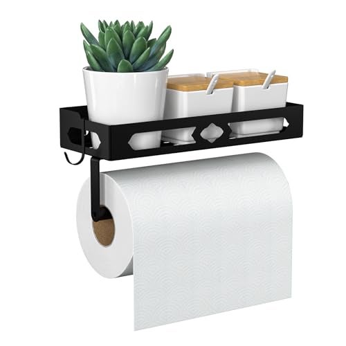 GAGUIUP Paper Towel Holder Wall Mount for Kitchen, Easy One-handed Operation Design, Self Adhesive Paper Towel Holder with Shelf for Bathroom, RV Paper Towel Rack Paper Roll Holder with 2 Hooks, Black - Image 1