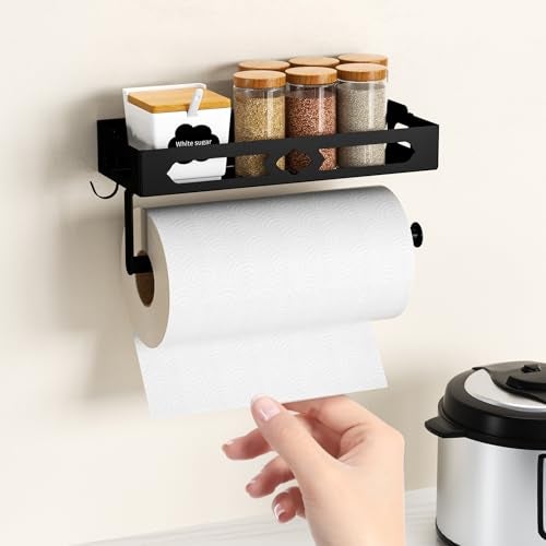 GAGUIUP Paper Towel Holder Wall Mount for Kitchen, Easy One-handed Operation Design, Self Adhesive Paper Towel Holder with Shelf for Bathroom, RV Paper Towel Rack Paper Roll Holder with 2 Hooks, Black - Image 2