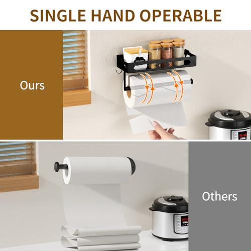 GAGUIUP Paper Towel Holder Wall Mount for Kitchen, Easy One-handed Operation Design, Self Adhesive Paper Towel Holder with Shelf for Bathroom, RV Paper Towel Rack Paper Roll Holder with 2 Hooks, Black - Image 4