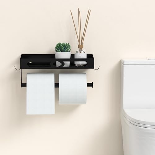 GAGUIUP Paper Towel Holder Wall Mount for Kitchen, Easy One-handed Operation Design, Self Adhesive Paper Towel Holder with Shelf for Bathroom, RV Paper Towel Rack Paper Roll Holder with 2 Hooks, Black - Image 5