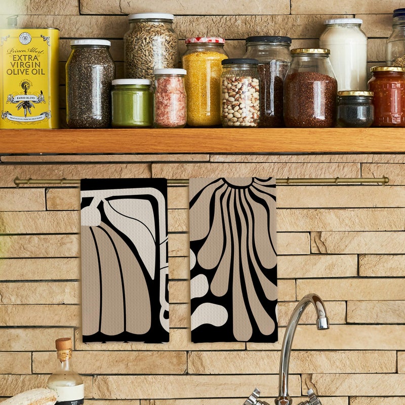 Qpenm Abstract Boho Neutral Taupe and Beige Floral Kitchen Towels Set of 2, Retro 70s Groovy Floral Hand Towels for Bathroom, Modern Minimalist Botanical Dish Tea Towels for Kitchen Decor, 16x24 Inch - Image 2
