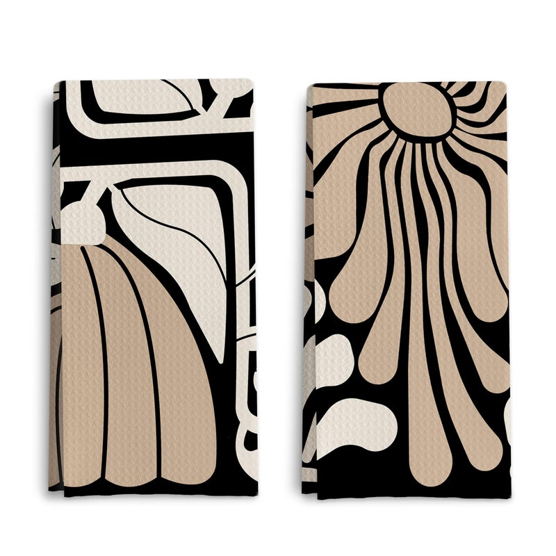 Qpenm Abstract Boho Neutral Taupe and Beige Floral Kitchen Towels Set of 2, Retro 70s Groovy Floral Hand Towels for Bathroom, Modern Minimalist Botanical Dish Tea Towels for Kitchen Decor, 16x24 Inch - Image 1