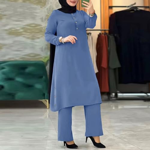 IDOPIP Womens Muslim Abaya Dress 2 Pieces Set Long Sleeve Button Down Shirt and Long Pants Islamic Dubai Robe Outfits Plus Size Arabic Ramadan Casual Prayer Kaftan Dress Clothes Blue 4XL - Image 3