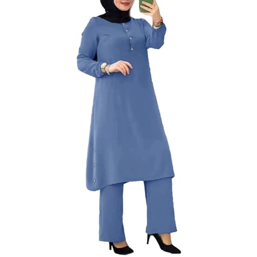 IDOPIP Womens Muslim Abaya Dress 2 Pieces Set Long Sleeve Button Down Shirt and Long Pants Islamic Dubai Robe Outfits Plus Size Arabic Ramadan Casual Prayer Kaftan Dress Clothes Blue 4XL - Image 1