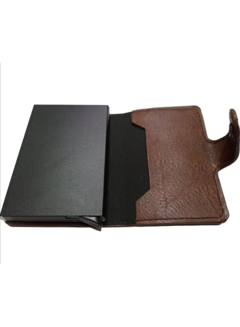 Leather Card Holder with Metal Button - Practical Design - Brown - 288  - Image 3