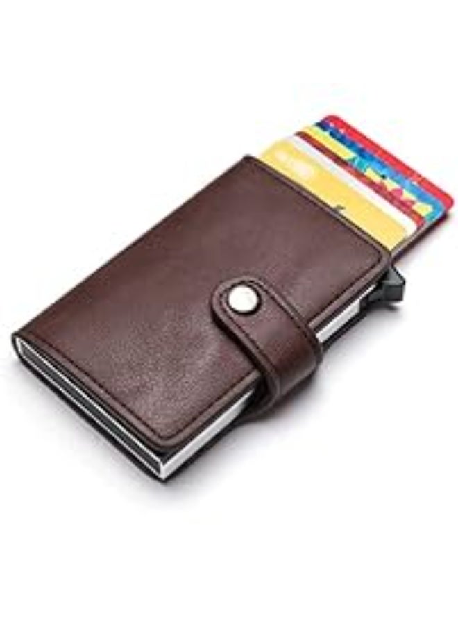 Leather Card Holder with Metal Button - Practical Design - Brown - 288  - Image 1