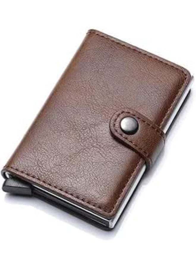 Leather Card Holder with Metal Button - Practical Design - Brown - 288  - Image 2