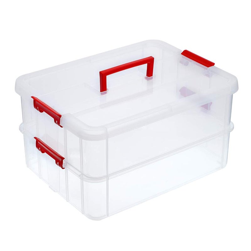JUXYES 2Tiers Stack Carry Storage Box With Handle Transparent Stackable Storage Bin With Handle Lid Latching Storage Container for School  Office Supplies Red