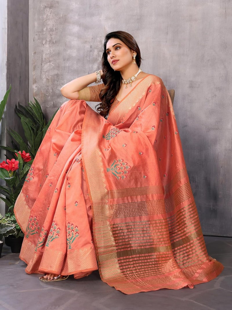 Sidhidata Women's Peach Assam Cotton Silk Saree with Golden Border and Embroidered Blouse Piece - Image 4
