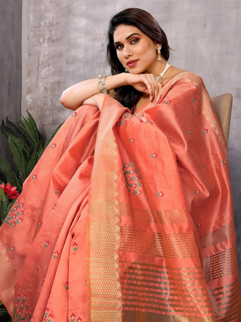 Sidhidata Women's Peach Assam Cotton Silk Saree with Golden Border and Embroidered Blouse Piece - Image 2