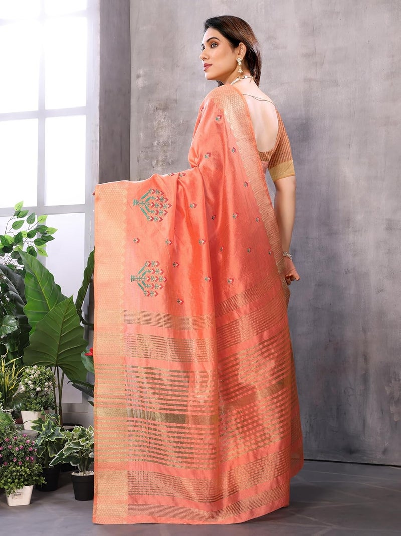 Sidhidata Women's Peach Assam Cotton Silk Saree with Golden Border and Embroidered Blouse Piece - Image 5