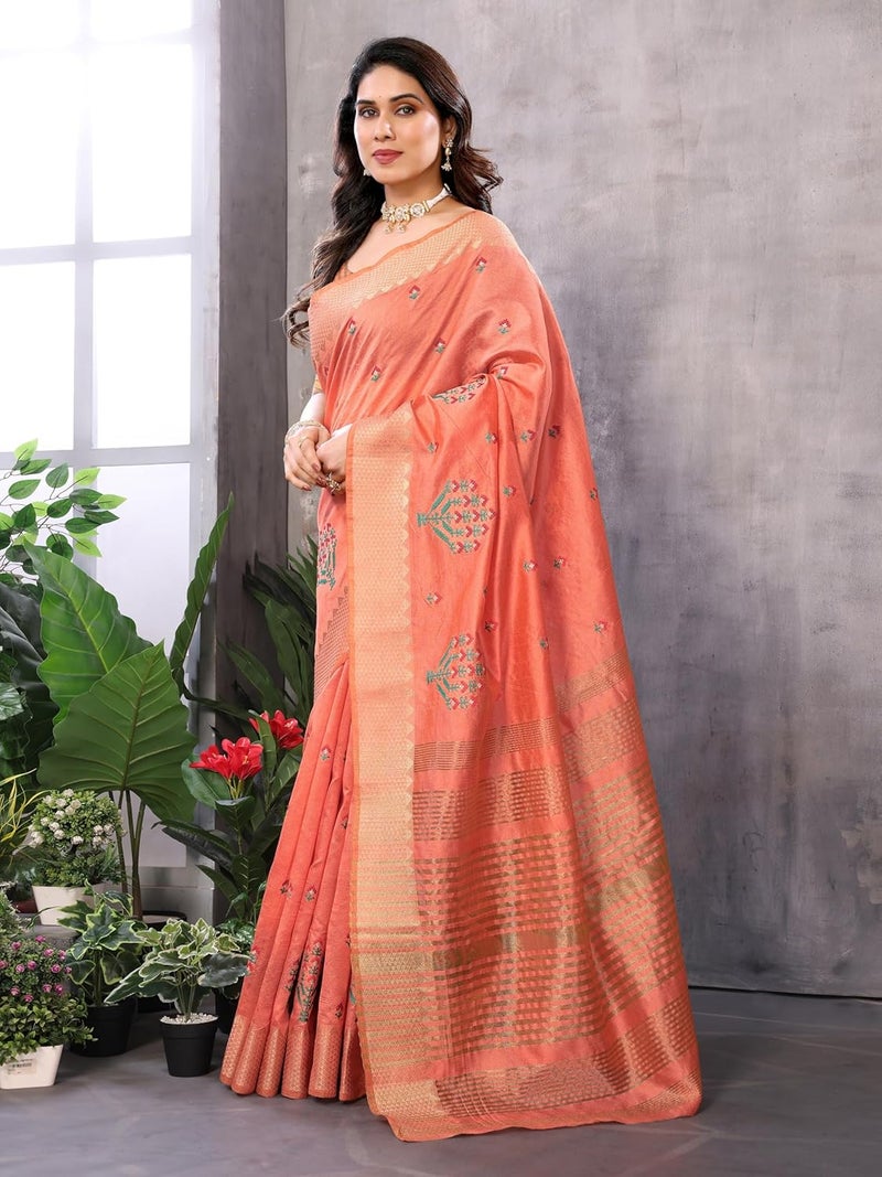 Sidhidata Women's Peach Assam Cotton Silk Saree with Golden Border and Embroidered Blouse Piece - Image 3