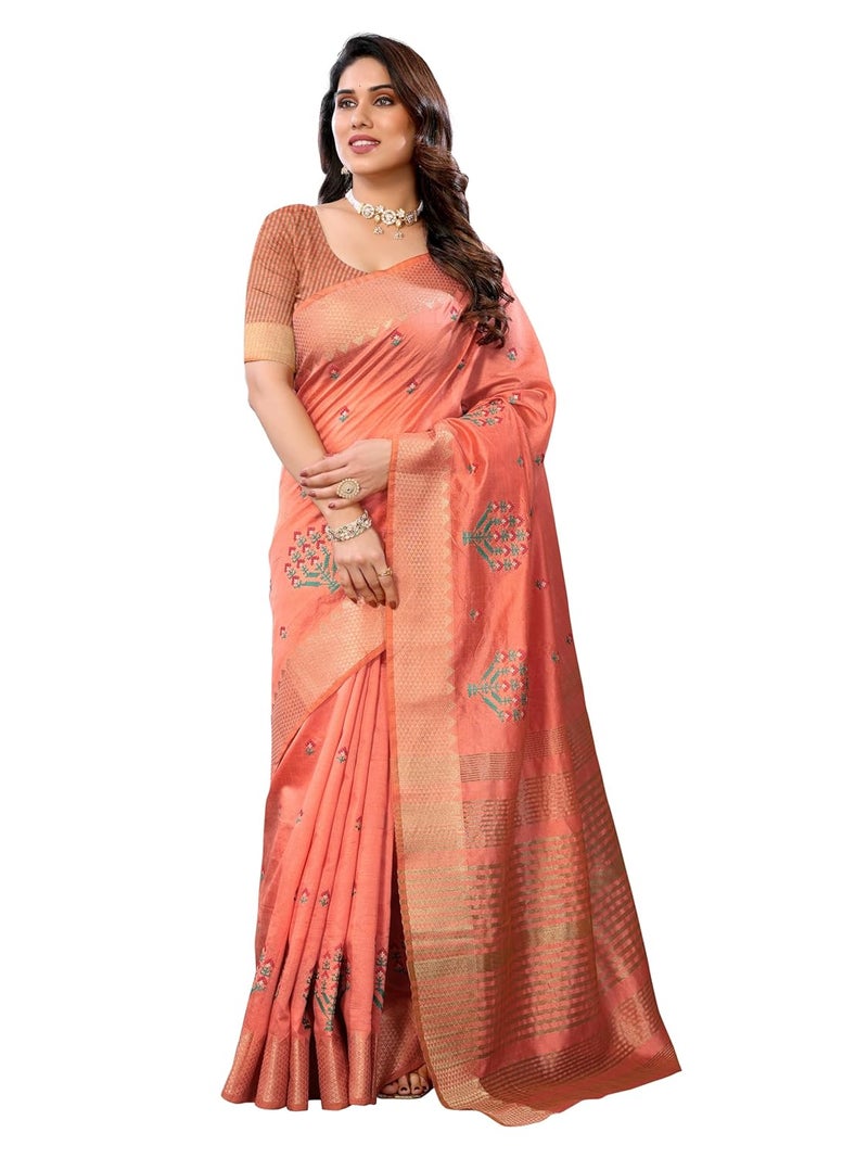 Sidhidata Women's Peach Assam Cotton Silk Saree with Golden Border and Embroidered Blouse Piece - Image 1