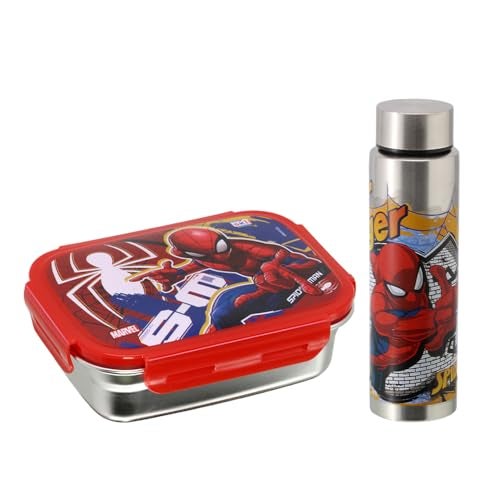 SKi Homeware Steel Lunch Box (600 ML) & Steel Slim Bottle (400 ML) Combo/Gift Set- Spiderman - Image 1