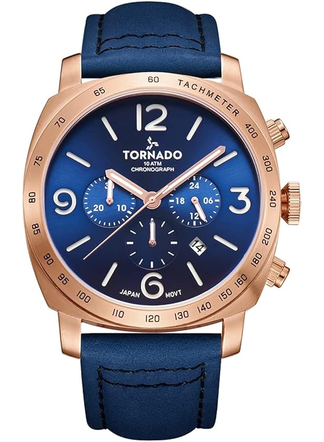 تورنيدو ساعة رجالية يابانية بحركة كوارتز وشاشة كرونوغراف وحزام من الجلد السويدي T9102 Rlnn باللون الأزرق - Image 1