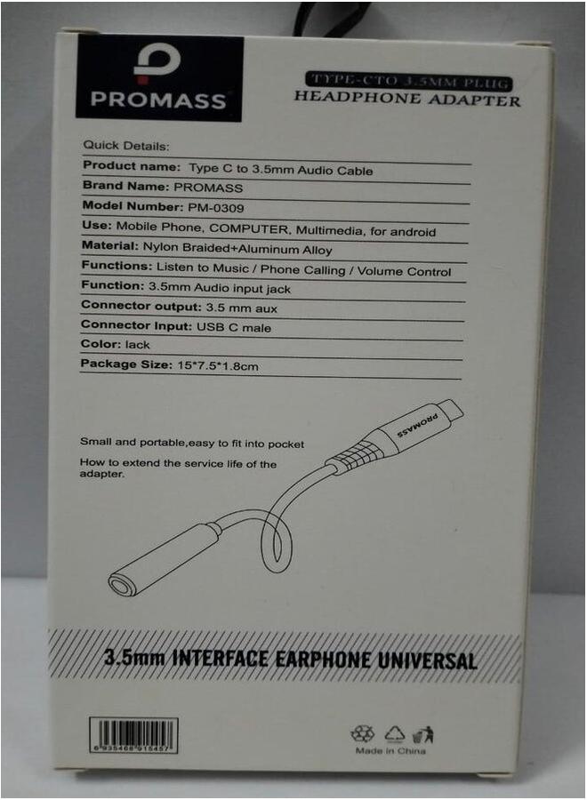 PROMASS Type-C To 3.5mm Audio Converter Headphone Adapter. - Image 3