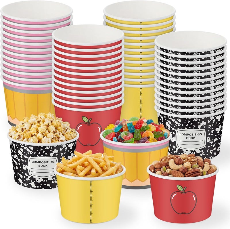 Romooa 48 Pcs 9oz Graduation Theme Paper Bowls Treat Snack Cups Ice Cream Dessert Bowl Pencils Rulers Notebooks Apple Stationery Pattern Treat Snack Cup for Hot or Cold Food Graduation Party Supplies - Image 1