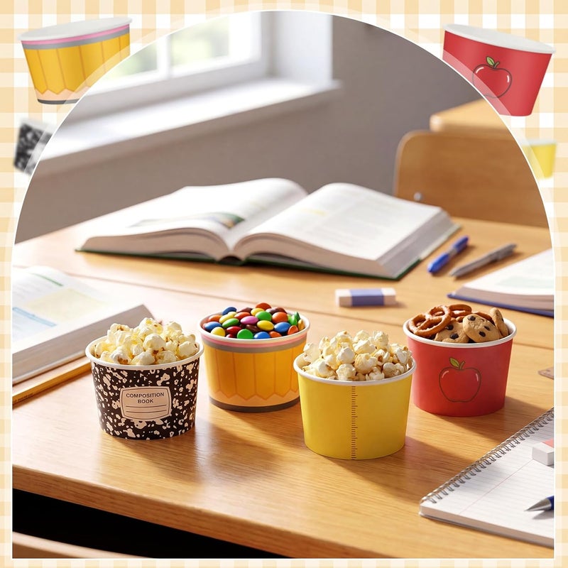Romooa 48 Pcs 9oz Graduation Theme Paper Bowls Treat Snack Cups Ice Cream Dessert Bowl Pencils Rulers Notebooks Apple Stationery Pattern Treat Snack Cup for Hot or Cold Food Graduation Party Supplies - Image 2