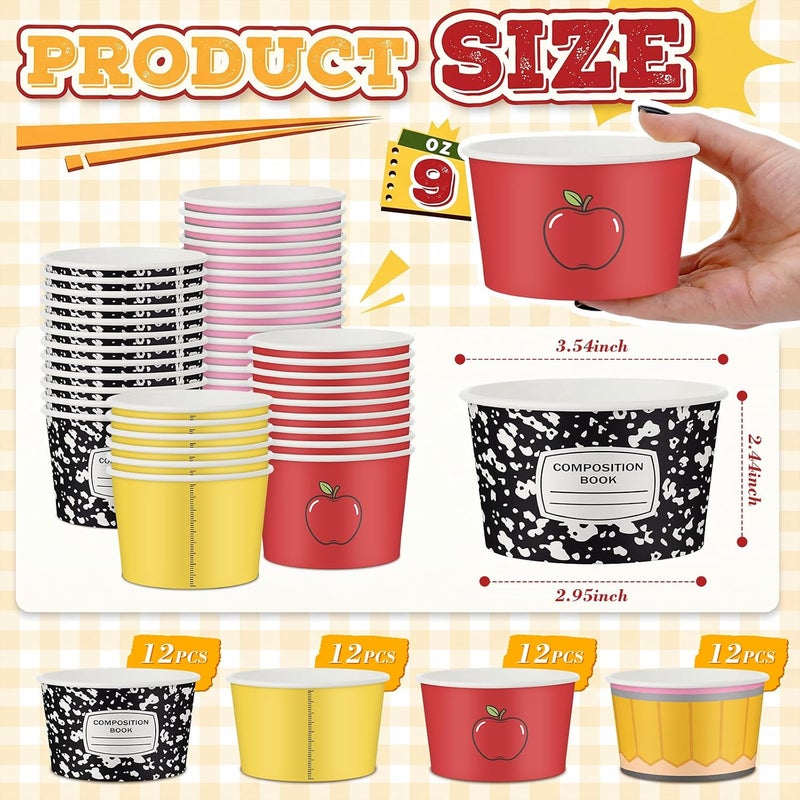 Romooa 48 Pcs 9oz Graduation Theme Paper Bowls Treat Snack Cups Ice Cream Dessert Bowl Pencils Rulers Notebooks Apple Stationery Pattern Treat Snack Cup for Hot or Cold Food Graduation Party Supplies - Image 3