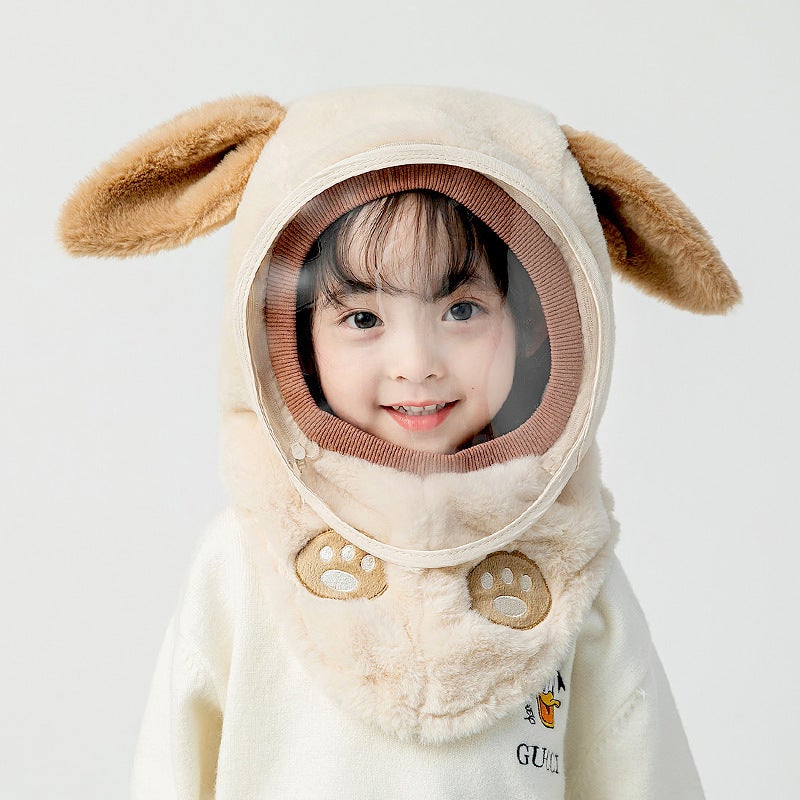 Kids Winter Warm Windproof Masked Beanie Set Off-white-long ears (removable mask) 