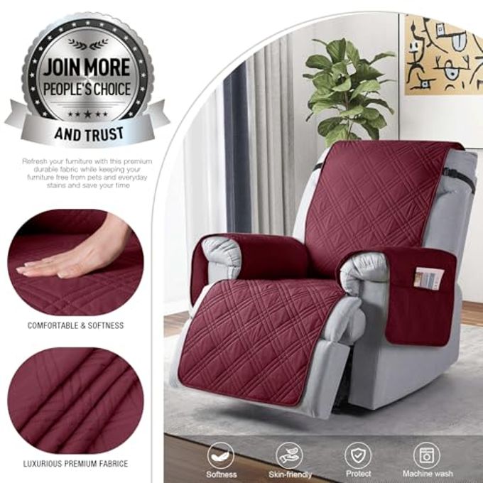 TAOCOCO 100% Waterproof Recliner Chair Cover, Oversized Recliner Covers for Large Recliner Chair with Double Straps, Non Slip Reclining Chair Cover for Kids, Pets(28'', Wine) - Image 2