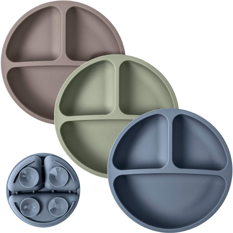 WeeSprout Suction Plates for Babies & Toddlers - 100% Silicone, Dinnerware Stays Put, Divided Design for Picky Eaters, Microwave & Dishwasher Friendly, 3 Pack - Image 1