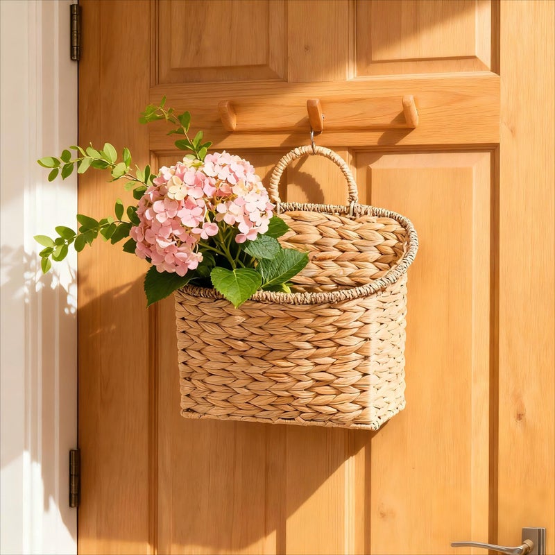 Quincry Set of 2 Woven Hanging Basket, Water Hyacinth Handmade Wicke Hanging Wall Baskets for Organizing, Front Door, Mail, Flowers-for Garden Farmhouse Home - Image 2