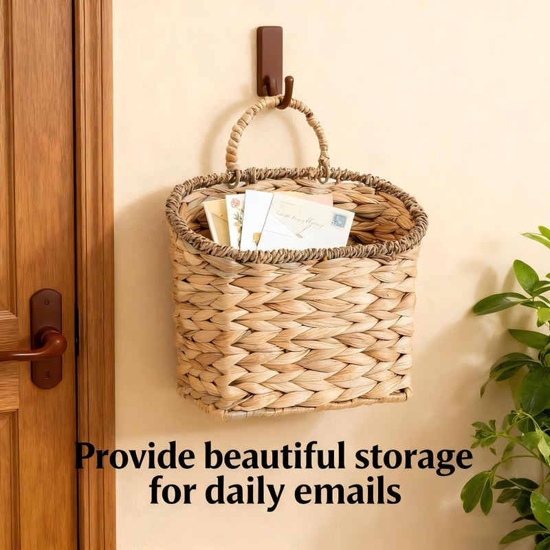 Quincry Set of 2 Woven Hanging Basket, Water Hyacinth Handmade Wicke Hanging Wall Baskets for Organizing, Front Door, Mail, Flowers-for Garden Farmhouse Home - Image 3