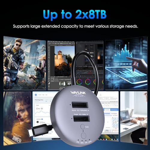 WAVLINK M.2 NVMe SSD Cloner Dock, 10Gbps Dual-Bay NVMe to USB-C/A Enclosure, Supports Offline Clone, UASP, Design for M-Key or M+B Key SSDs in Size 2230/2242/2260/2280/22110, SSD Not Include - Image 2
