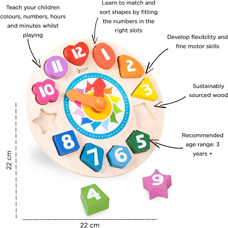 كلاسيك ورالد لعبة الساعة الخشبية الكلاسيكية "تيك تاك" لفرز الأشكال مع 12 رقمًا للأطفال الصغار للتعليم المبكر - Image 5