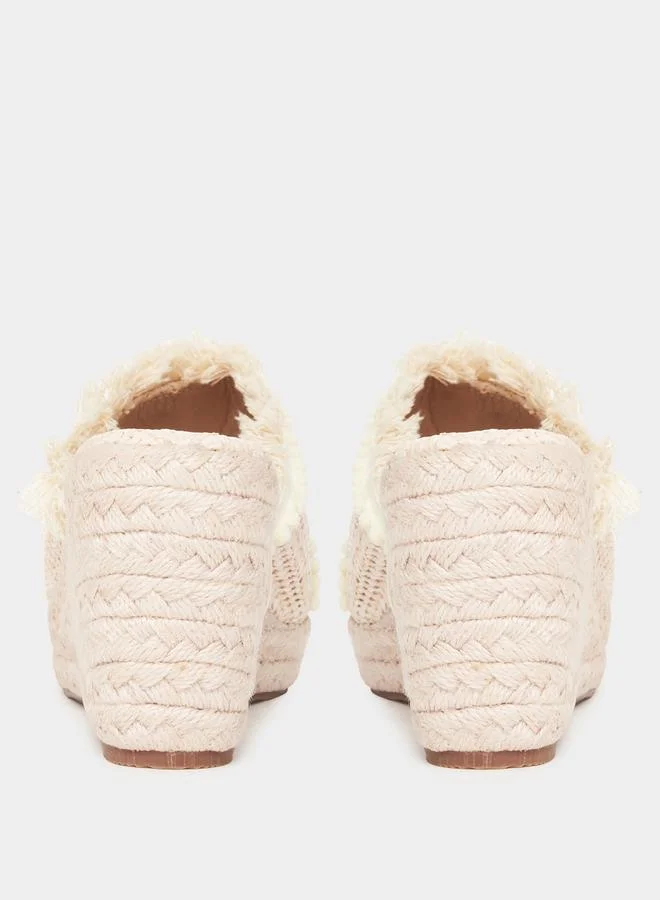 Styli Straw Braided Fringe & Pom Pom Detail Wedge Sandals