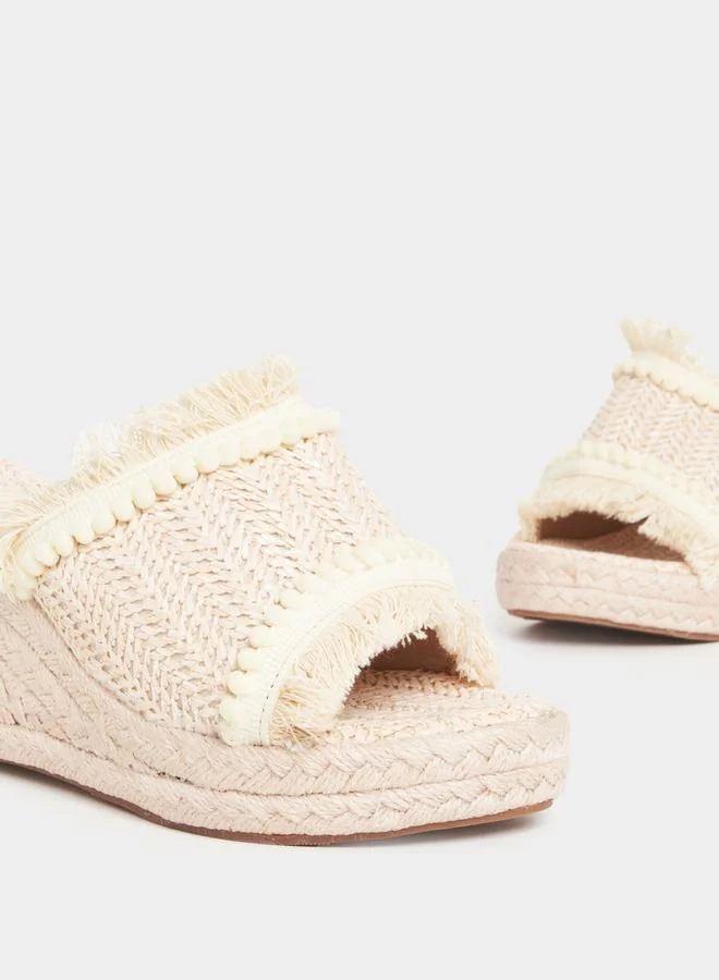 Styli Straw Braided Fringe & Pom Pom Detail Wedge Sandals