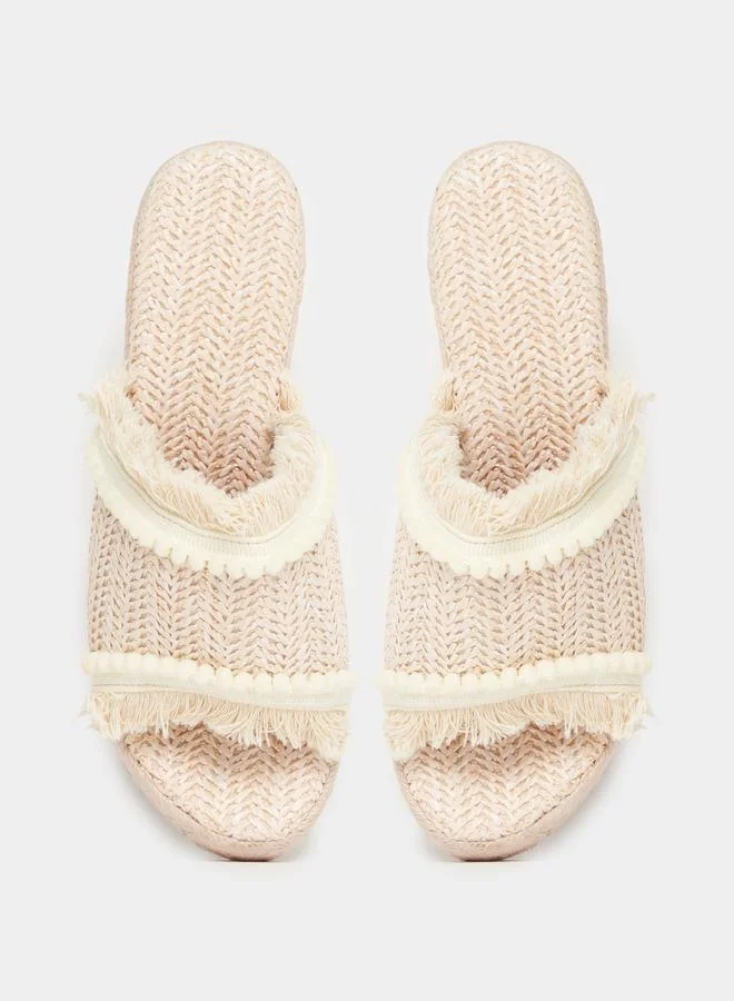 Styli Straw Braided Fringe & Pom Pom Detail Wedge Sandals