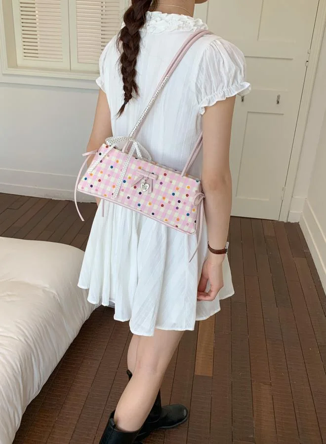 Take Two Pink Gingham Shoulder Bag with Polka Dots
