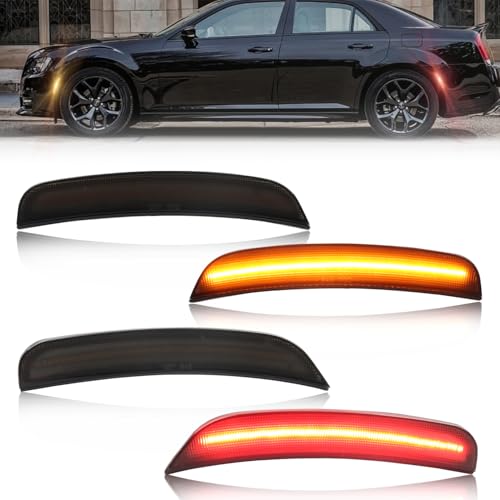 GSOWO 4 PCS LED Side Marker Lights for Chrysler 300 2015-2023, Full LED Front Amber & Rear Red Bumper Light, Smoked Lens Fender Side Marker Lamp - Image 1