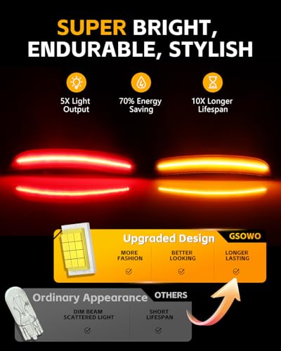 GSOWO 4 PCS LED Side Marker Lights for Chrysler 300 2015-2023, Full LED Front Amber & Rear Red Bumper Light, Smoked Lens Fender Side Marker Lamp - Image 3