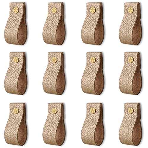 ANJUU Leather Drawer Pulls, 12 Pcs Leather Pulls Handles, Handmade Leather Knobs Cabinet Hardware Drawer Pulls for Dresser Cabinet Drawer Doors and Closet (Gold) - Image 1