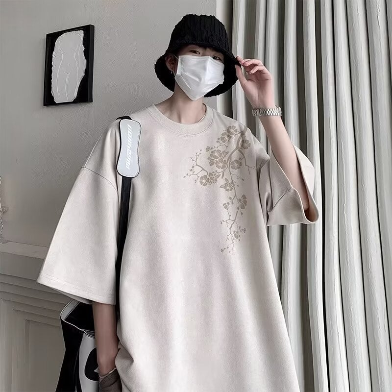 Japanese Style Short-Sleeved T-Shirt Men'S 2025 Round Neck Printed Top Instagram Popular Brand Loose Half-Sleeved T-Shirt