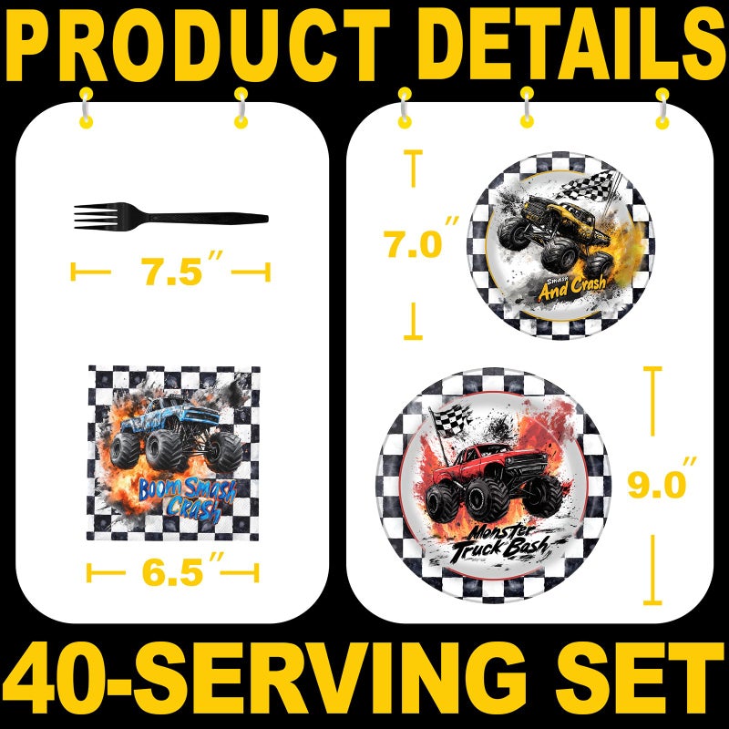 BonBeeDesign Monster Truck Party Decorations - Monster Truck Party Plates and Napkins for Kids Birthday Party, Serves 40 Guests - Image 2